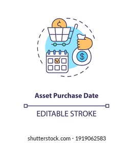 Asset Purchase Date Concept Icon. Assets Inventory Element Idea Thin Line Illustration. Financial Accounting. Posting Transactions. Vector Isolated Outline RGB Color Drawing. Editable Stroke
