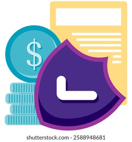 asset security, shield in front of documents and stack of coins