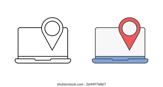 Ícone de rastreamento de ativos de TI com laptop e pino de localização, em estilos de estrutura de tópicos e cores, ideal para ilustrar o monitoramento de hardware, o gerenciamento de inventário de dispositivos e o rastreamento de localização de ativos de TI em tempo real.