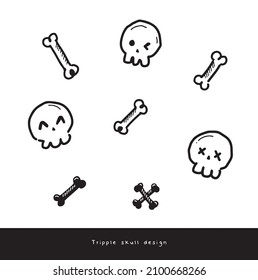 Asset Tripple skull design bones drawing hand drawn skeleton cute pattern texture doodle line color black and white wallpaper collection halloween death dead cartoon 