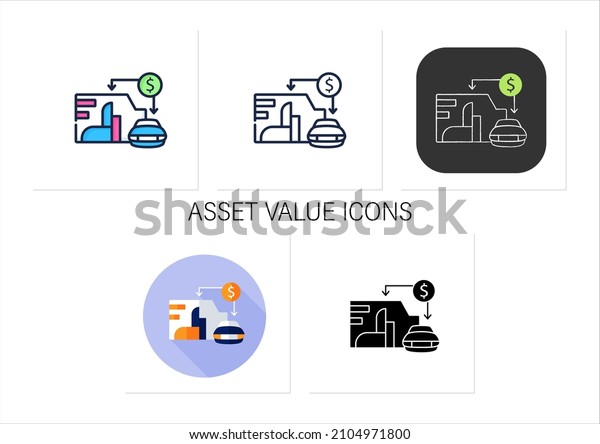 Asset value icons set. Showing total assets\
value company or organization. Car, enterprise. Business concept.\
Collection of icons in linear, filled, color styles.Isolated vector\
illustrations
