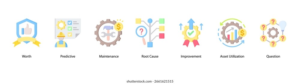 Asset Value web banner icon vector illustration featuring Worth, Predictive, Maintenance, Root Cause, Improvement, Asset Utilization, and Question.