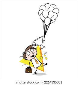 asset of a young businessman cartoon character whose trophy is carried away by many balloons
