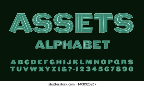 Assets is a bluish-green stylized capitals alphabet with incised lines. This font has the look and style of a financial document or certificate.