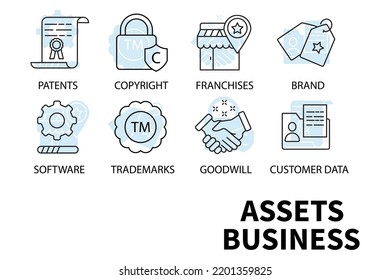 iconos de negocio de activos establecidos . activos símbolo de paquete de negocios elementos vectores para web infográfica