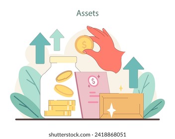 Assets concept. Building financial stability through asset accumulation and growth. Key investment strategies for future prosperity. Flat vector illustration.