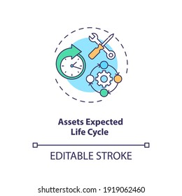 Assets expected life cycle concept icon. Assets inventory element idea thin line illustration. Optimizing profit process. Vector isolated outline RGB color drawing. Editable stroke