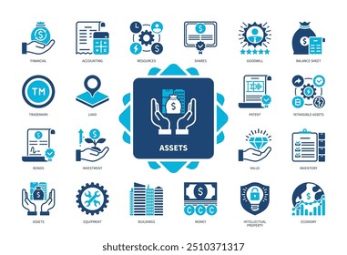 Assets icon set. Buildings, Value, Balance Sheet, Shares, Bonds, Intellectual Property, Goodwill, Money. Duotone color solid icons