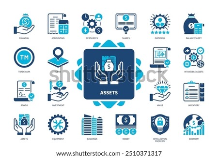 Assets icon set. Buildings, Value, Balance Sheet, Shares, Bonds, Intellectual Property, Goodwill, Money. Duotone color solid icons