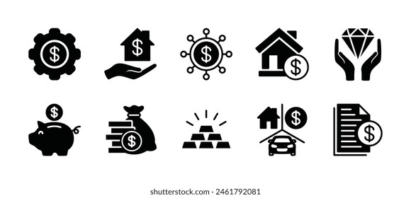 Assets icon set. Financial business management. Containing accounting, wealth, property, savings, jewellery, certificate document, money, vehicle, insurance. Vector illustration