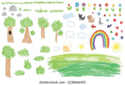 Assets imitating kid's drawing  trees  bushes  flowers  animals