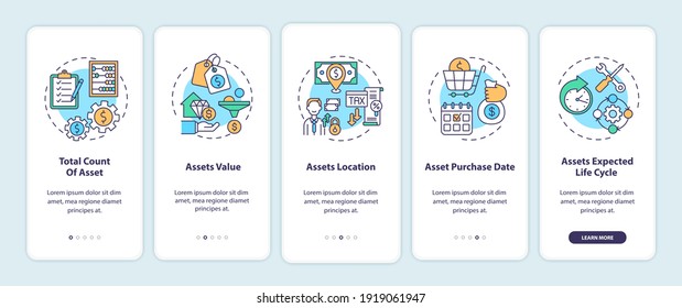 Assets Inventory Elements Onboarding Mobile App Page Screen With Concepts. Asset Total Count, Value Walkthrough 5 Steps Graphic Instructions. UI Vector Template With RGB Color Illustrations