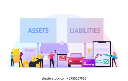 Assets and Liabilities Concept. Tiny Male and Female Characters Share Property on Profitable and Unprofitable. Car, Credit, Mortgage, Obligation. People and Huge Money. Cartoon Vector Illustration
