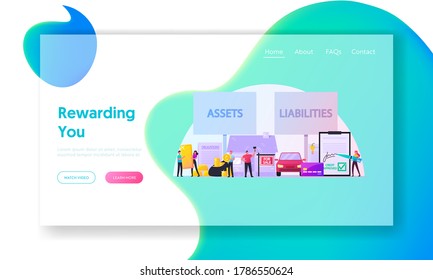 Assets and Liabilities Landing Page Template. Tiny Characters Share Property on Profitable and Unprofitable. Car, Credit, Mortgage, Obligation. People and Huge Money. Cartoon Vector Illustration