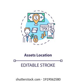 Assets location concept icon. Assets inventory element idea thin line illustration. Money keeping. Tax-minimization strategy. Vector isolated outline RGB color drawing. Editable stroke