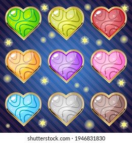 Assets Magic love item for web or game design. Decorative GUI elements, Colorful glossy button icon set.