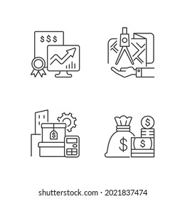 Conjunto de iconos lineales de administración de activos. Efectivo y valores negociables. Bolsa pública. Propiedad de tierras. Símbolos de contorno de línea delgada personalizables. Ilustraciones aisladas del contorno vectorial. Trazo editable
