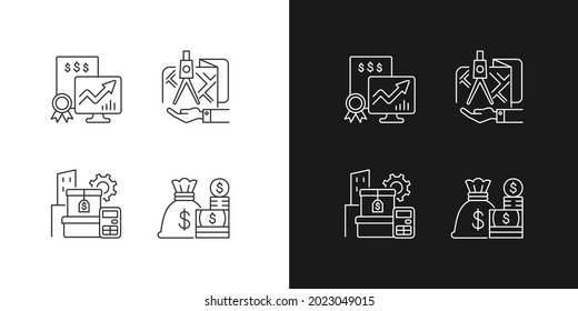 Assets management linear icons set for dark and light mode. Cash and marketable securities. Public stock. Customizable thin line symbols. Isolated vector outline illustrations. Editable stroke