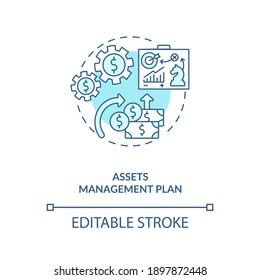 Assets management plan concept icon. AM benefit idea thin line illustration. Calculating costs. Managing organisation infrastructure. Vector isolated outline RGB color drawing. Editable stroke