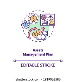 Assets management plan concept icon. AM benefit idea thin line illustration. Calculating life-cycle costs. Long-term financial planning. Vector isolated outline RGB color drawing. Editable stroke