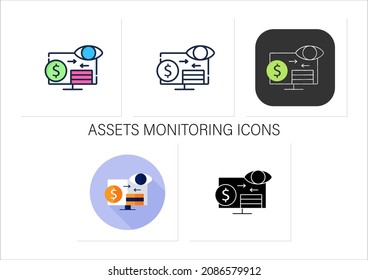 Assets monitoring icons set.Monitoring accounts. Logs information about tangible assets on laptop.Business concept.Collection of icons in linear, filled, color styles.Isolated vector illustrations 