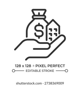 Assets pixel perfect line icon. Resource owned and controlled by business. Entity property. Financial reporting. Isolated vector illustration. Outline symbol. Simple linear drawing. Editable stroke
