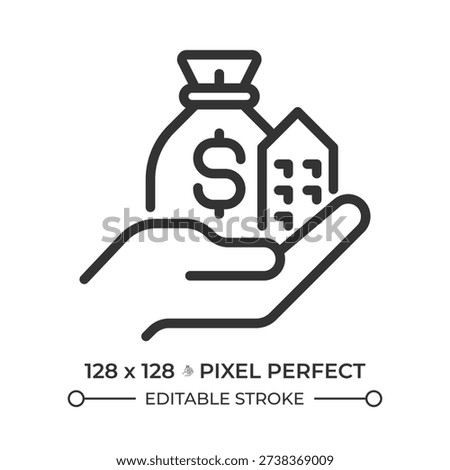 Assets pixel perfect line icon. Resource owned and controlled by business. Entity property. Financial reporting. Isolated vector illustration. Outline symbol. Simple linear drawing. Editable stroke