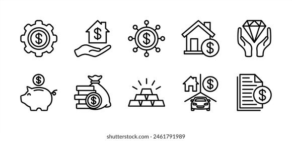 Assets thin line icon set. Financial business management. Containing accounting, wealth, property, savings, jewellery, certificate document, money, vehicle, insurance. Vector illustration