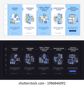 Assets types onboarding vector template. Responsive mobile website with icons. Web page walkthrough 5 step screens. Preferred, industrial stocks night and day mode concept with linear illustrations