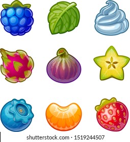Assets for user interface GUI in mobile application or casual video game. Blueberries, blackberries, leaves, cream, dragon fruit, figs, tangerine slice, strawberries, star fruit, mint