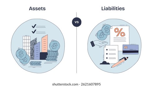 Ativos vs Passivos mostra edifícios, moedas e documentos para ilustrar o saldo financeiro e as obrigações. Desenhar diagrama de estilo