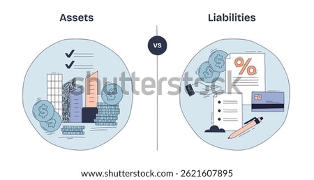 Assets vs Liabilities shows buildings, coins, and documents to illustrate financial balance and obligations. Doodle style diagram