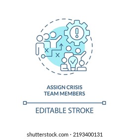 Assign crisis team members turquoise concept icon. Crisis management team abstract idea thin line illustration. Isolated outline drawing. Editable stroke. Arial, Myriad Pro-Bold fonts used