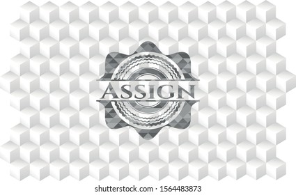 Assign realistic grey emblem with cube white background