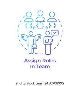 Assign roles in team blue gradient concept icon. Hackathon organization. Gather team. Team members. Round shape line illustration. Abstract idea. Graphic design. Easy to use in promotional materials