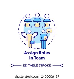 Assign roles in team multi color concept icon. Hackathon organization. Gather team. Team members. Round shape line illustration. Abstract idea. Graphic design. Easy to use in promotional materials