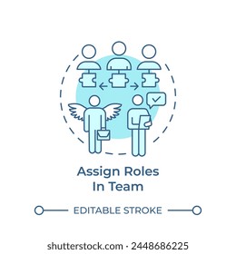 Assign roles in team soft blue concept icon. Hackathon organization. Gather team. Team members. Round shape line illustration. Abstract idea. Graphic design. Easy to use in promotional materials