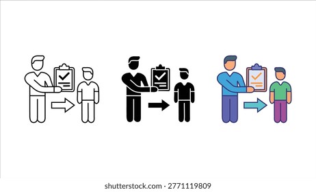 Assign user task icon set with person giving clipboard and arrow symbols in outline solid and colorful design styles isolated on white background
