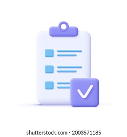 Assignment done icon. Clipboard, checklist symbol. 3d vector illustration.