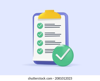 Assignment done icon. Clipboard, checklist symbol. 3d vector illustration. Clipboard with checklist icon. Flat illustration of clipboard with checklist icon for web. 3D free to edit. To do list icon.