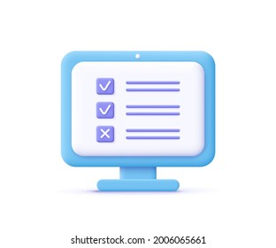 Assignment icon. Сomputer screen, checklist, document symbol. 3d vector illustration.
