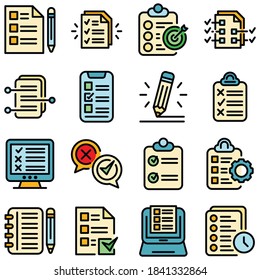 Assignment icons set. Outline set of assignment vector icons thin line color flat on white