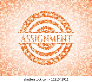 Assignment orange tile background illustration. Square geometric mosaic seamless pattern with emblem inside.
