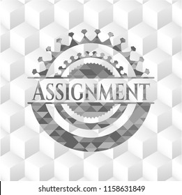 Assignment retro style grey emblem with geometric cube white background