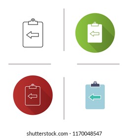 Assignment return icon. Clipboard with left arrow. Flat design, linear and color styles. Isolated vector illustrations