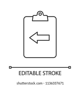 Assignment return linear icon. Thin line illustration. Clipboard with left arrow. Contour symbol. Vector isolated outline drawing. Editable stroke