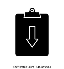 Assignment returned glyph icon. Silhouette symbol. Clipboard with down arrow. Negative space. Vector isolated illustration