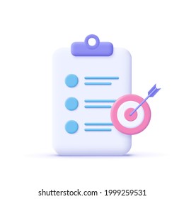 Assignment target icon. Clipboard, checklist symbol. 3d vector illustration.