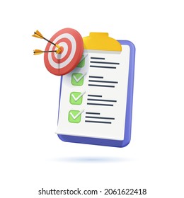 Assignment target icon. Clipboard, checklist symbol. 3d vector illustration. Project task management and effective time planning tools. Project development icon. 3d vector illustration. Work organizer