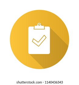 Assignment turned in flat design long shadow glyph icon. Successfully tested. Clipboard with check mark. Vector silhouette illustration